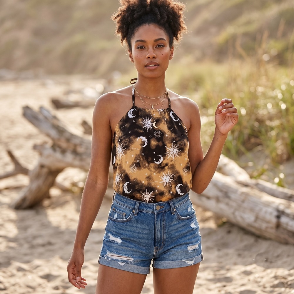 No Boundaries Celestial Sun Moon Halter Top Brown Black M 7-9 Smocked High Neck